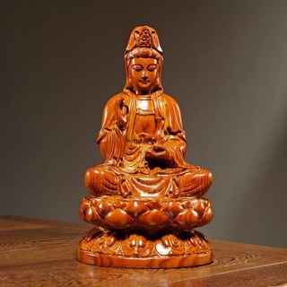 花梨木觀音佛像擺件 實木雕刻觀世音菩薩神像 客廳神桌裝飾 辦公室公司擺設 收藏工藝禮品, 金色木質【坐蓮觀音】,整木精雕坐蓮觀音高8cm