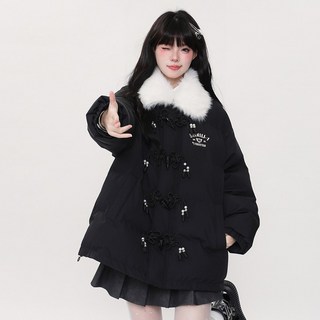 투니스 여성 혼 버튼 칼리지 스타일 코튼 다운재킷