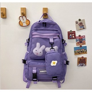 Mrmibag 日系工裝大容量後背包 原宿風學生書包 多口袋雙肩包 情侶款電腦包 旅行背包 (附小包), 紫色