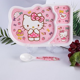 KT凱蒂貓兒童餐具套裝 寶寶分格餐盤 兒童碗 小學生防摔可愛日式學生餐具 寶寶餐盤, .草莓三格盤KT+勺., 1個