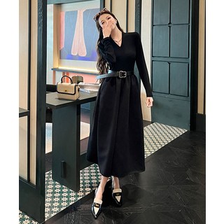 [루씨앤] 리프시 하객룩 결혼식 여성 플레어 니트 브이넥 벨트 정장 롱 면원피스 9952