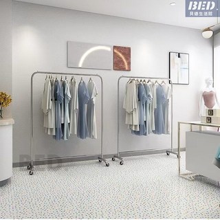 掛衣架服裝店展示架帶滑輪落地衣架中島架落地立式不銹鋼拉絲銀中島架家用陳列架家用衣帽架
