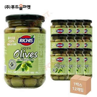 푸드올마켓_ 리치스 그린올리브 365g /홀 피티드 -유리병 한박스 (365g x 12ea), 12개
