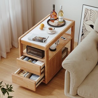 實木沙發邊櫃 輕奢床頭櫃 實木岩板沙發邊櫃 輕奢高級感側邊幾 帶輪子可移動茶幾 置物架 床頭櫃, 1個, 【整裝發貨 】白色 白岩板,70*30*62cm