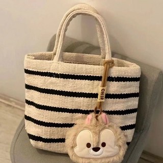 印度手工編織小型托特包拎包飯包新款棉布包包，輕巧舒適，多功能用途，時尚簡約設計, 條紋包包+奇奇零錢包掛件