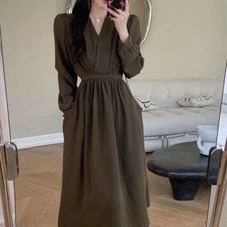 韓版長袖V領連衣裙 修身顯瘦法式長裙, 棕色
