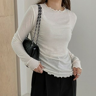 뮤앤뮤즈 국내제작 여성용 여리 물결 티셔츠 골지 니트 프릴 이너 티