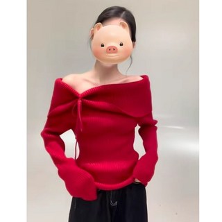 甜辣妹一字肩綁帶針織打底衫，秋冬內搭毛衣，修身顯瘦露肩上衣，多色可選