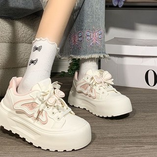 女士休閒鞋 粉色蝴蝶結小白鞋 厚底百搭學生板鞋