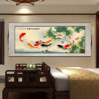 可直接懸掛 山水畫 國畫 富貴有餘 九魚圖 牡丹荷花 客廳餐廳裝飾畫 風水畫 年年有餘, 九魚圖08-荷塘清趣,130x65cm卷軸+可直接懸掛