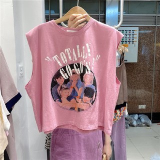 【潮人印花】無袖T恤 女式背心 夏季上衣 短款背心 露臍背心 寬鬆版型 街頭嘻哈風 一件代發 1688貨源