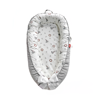 嬰兒睡窩 仿生床 中床 內外可拆洗 便攜式 防壓 寶寶好眠神器 贈大提袋, 灰邊帆船(床+枕+大提袋)