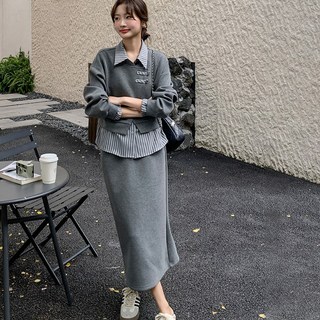 [웨일쓰] 여성 맨투맨 치마 투피스 가을 페이크 레이어드 스트라이프 배색 긴팔 상의 루즈핏 밴딩 롱치마 체형커버 데일리룩 오피스룩 셋업 수트 투피스