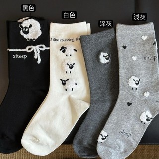 襪子女韓系設計感植絨小綿羊中筒襪 早秋學院風可愛小羊羔女襪