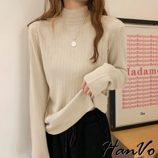 HanVo 保暖半高領坑條針織上衣 - 舒適保暖內搭上衣，天天出貨 (A02-1679)