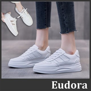 【Eudora】厚底小白鞋 白布鞋 增高布鞋 休閒鞋 球鞋 增高鞋 皮革綁帶厚底增高 全白