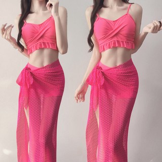 MISS·更衣室 比基尼泳衣 女 巴厘島海島度假遊三件套 性感沙灘溫泉泳裝 韓系泳裝 拍照沙灘寫真, 76025火龍果紅,均號40-60公斤批發拍均號, 火龍果紅