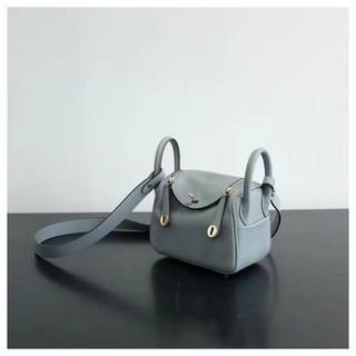 頭層牛皮mini醫生包，單肩斜挎，大象灰，Lindy手提包, 1個, 亞麻藍【金扣】26cm