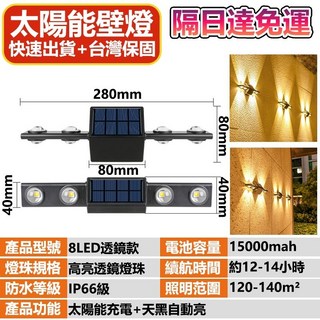 太陽能壁燈 牆面洗牆燈 LED防水庭院燈 門牌照明裝飾燈, 獨家新品雙面透鏡8LED