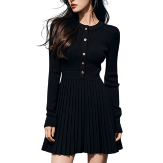 Makone 여성 라운드넥 캐주얼 플리츠 주름 A라인 니트 미원피스