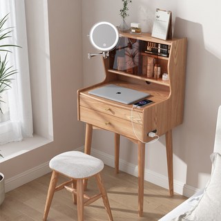 化妝桌 梳妝台 邊桌 日式全實木梳妝台50cm60公分原木風小戶型臥室超窄化妝桌帶燈鏡子, 原木色抽屜(無鏡子),實木梳妝台50CM