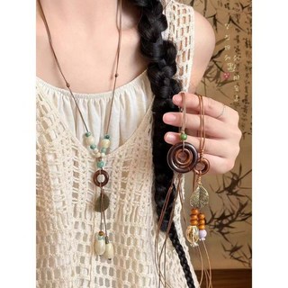 中國風 綠色紮染長袖 V領 吊帶內搭 寬鬆長裙 女新款, 古風陶瓷項鏈,連衣裙