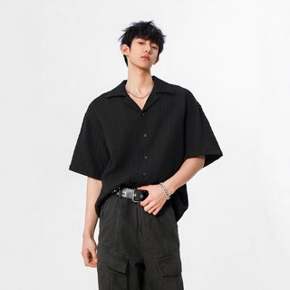 【肌理高級感】古巴領襯衫 短袖襯衫 休閒襯衫 男T恤 半袖上衣 寬鬆版型 透氣肌理面料 夏季百搭 商務休閒兩穿