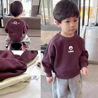 嘟嘟家男童上衣一體絨簡約字母衛衣，2025冬季新款加絨保暖長袖兒童上衣