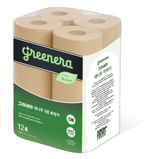 그리네라 먼지없는 깨끗한 무표백 무형광 뱀부 퓨어 대나무화장지 3겹, 1개, 12롤, 27m