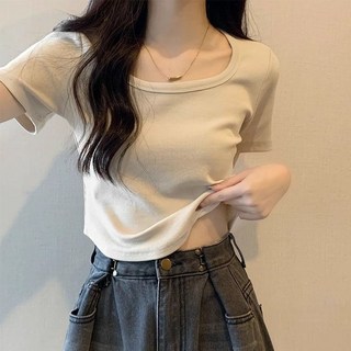 正肩短袖t卹女夏季新款設計感下擺弧度短款方領純欲顯瘦打底上衣