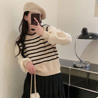 스트라이프 여성 가을무드 조끼 캐주얼 라운드넥 2컬러 단가라 레이어드 니트 블라우스