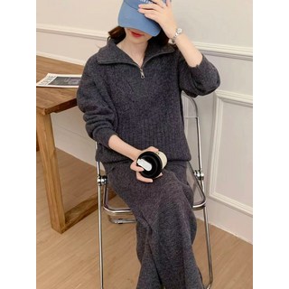 빛나는 판다반지퍼 라펠 꼬임 스웨터 신상품 다용도 슬림핏 니트웨어 와이드 팬츠 투피스 세트