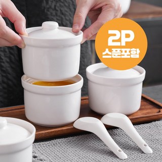 릴스베이 일식 계란찜 도자기 스푼셋트 차완무시 수란 냄비 미니 전자렌지 푸딩계란찜 용기 스프 스튜 죽 뚜껑 그릇, 2개