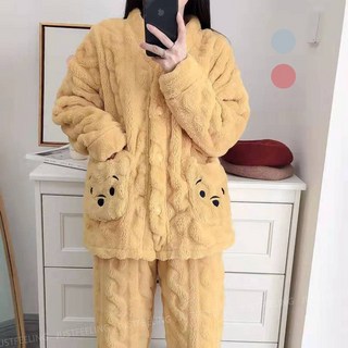 JUSTFEELING 기모 벨벳 두꺼운 수면잠옷 세트 보온 따뜻한 가을겨울 실내복 부드러운 보송보송 극세사 캐릭터 파자마 잠옷 상하투피스 80kg까지