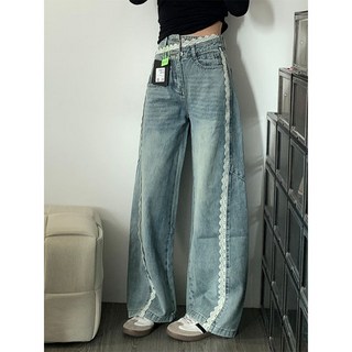 여자 와이드 청바지 여성 대용량 레이스 테두리 직통 청바지 봄여름 고급스러움 이중 패션 와이드 팬츠 JXH
