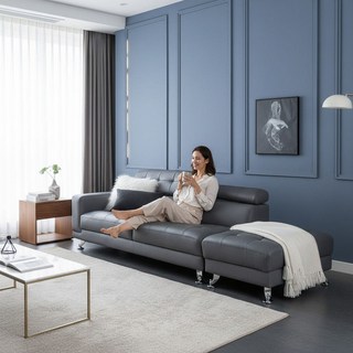 자네트 로미노 3인용 가죽쇼파 스툴미포함, 그레이