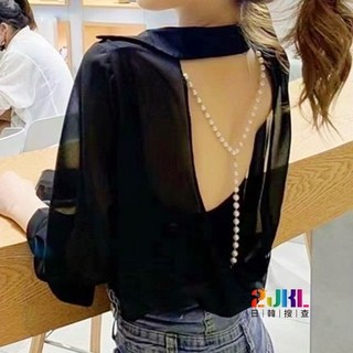 珍珠鏈雪紡罩衫：歐膩性感美背透視扭轉長袖上衣，寬鬆百搭海灘防曬罩衫, 黑