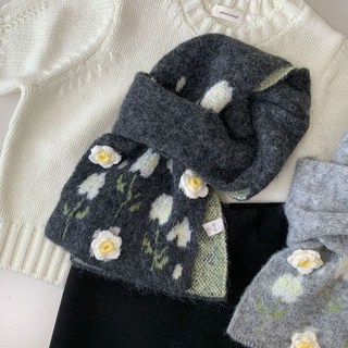 原創手工重磅山茶花針織羊毛圍巾圍脖女，秋冬韓系時尚保暖配飾