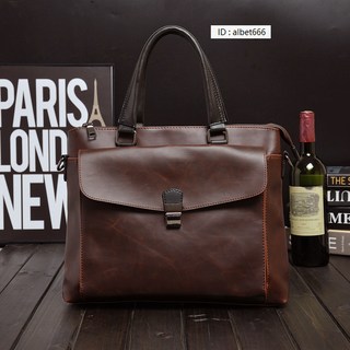 男包手提包橫款 瘋馬皮公文包 男士商務出差英倫韓版單肩包斜挎包 大容量防水公事包 辦公包 手提包 通勤包【奧特萊斯】, 咖啡