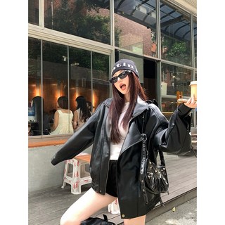 酷飒風黑色皮衣短款外套女 秋冬復古機車風翻領寬鬆夾克