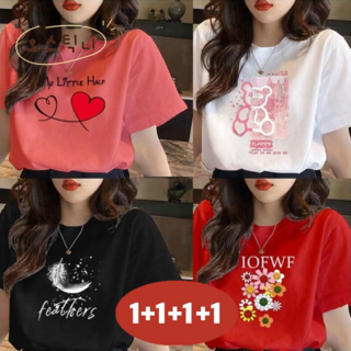 오스틱니 4종세트 100kg까지 빅사이즈 완전 편한 프린트티 반팔 티셔츠 특가상품 여성 여름 1+1+1+1 라운드 스판 루즈핏 무지 영문티 캐릭터 달콤한 캐주얼 티 반팔티 4P