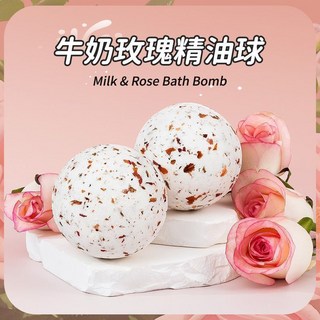 玫瑰牛奶浴鹽球乾花泡澡球去角質精油沐浴氣泡浴鹽球SPA嫩滑肌膚, 1個, 100g 玫瑰牛奶沐浴球