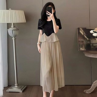 ORZQU 여름 여성 세트 반팔 상의+쉬폰 와이드 팬츠 투피스 슬림핏 세트