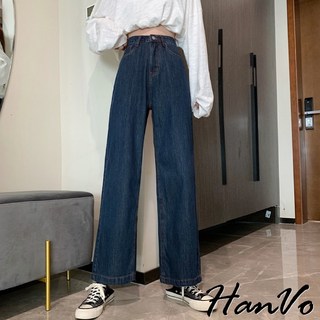 HanVo 深藍色復古高腰牛仔寬褲 百搭休閒高挑顯瘦闊腿褲