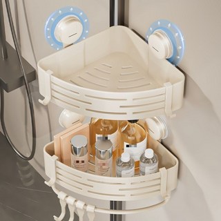 吸盤式浴室三角置物架，免打孔牆上收納架，適用於洗漱台與沐浴露壁掛, 奶油白-吸盤款-三角籃置物架,單層+2鉤【即裝即用 無痕拆卸】, 1個