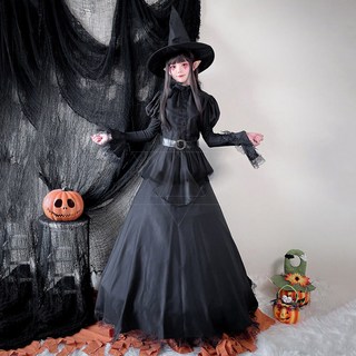 WULA烏拉 萬聖節女巫裝 澎袖蕾絲黑女巫 魔法女巫cos 黑色女巫 黑魔女屋衣服 女巫衣服 女巫服裝 女巫帽 蕾絲女巫