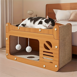 대형 2단 고양이 숨숨집 스크래처 보드 볼 장난감 하우스, 1개, 브라운