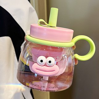 【熱銷Top1-限時下殺】吸管水壺 大容量水壺 大肚杯 透明水壺 手提花茶杯 咖啡杯 樂扣隨行杯 環保杯 隨行杯 搖搖杯, 1個, 綠色【耐100度高溫】,1000毫升+玩偶立體貼