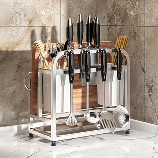 가정용 주방정리 스텐 올인원 칼블럭 수저통 다용도 스탠드형 키친툴 홀더 도마거치대, 실버, 1개