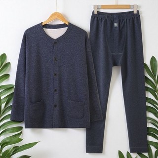 POMTOR 겨울 중년 남자 홈웨어 따뜻한 카디건 상의 솔리드 팬츠 세트 루즈핏 빅사이즈 투피스